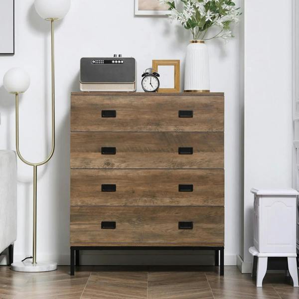 Brown four-drawer storage dresser with black handles and metal legs by the wall
