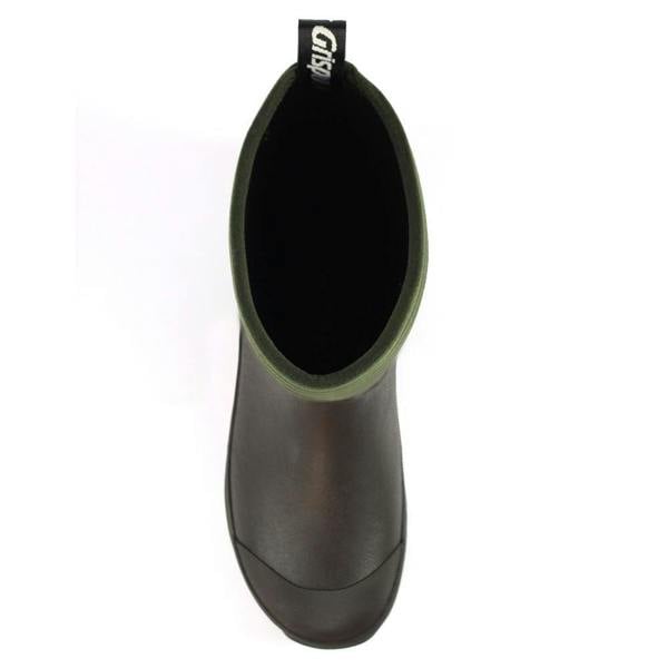 Grisport GriSport Creek Womens Mid-Cut Neoprene Country Stable Farm Wellies Boots, overview view of the black and green waterproof rubber boot from a top angle showing the opening.
