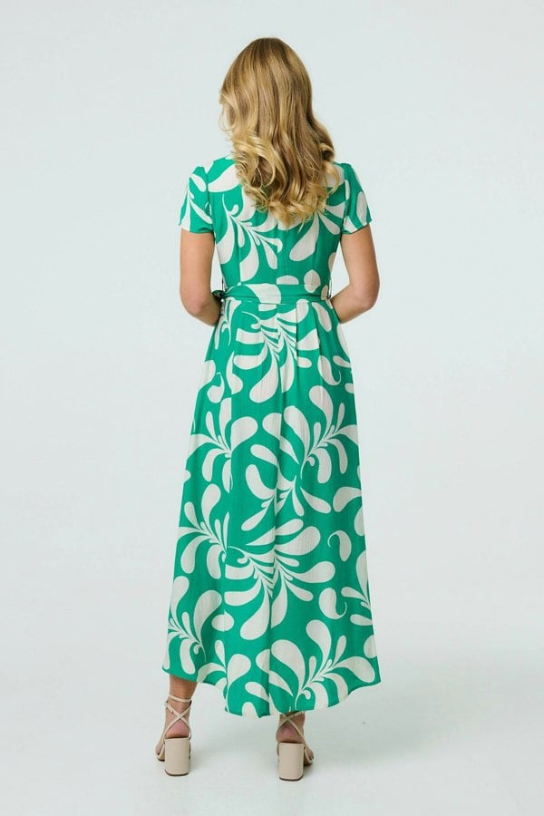 Green | Printed Tie Waist Split Hem Midi Dress
