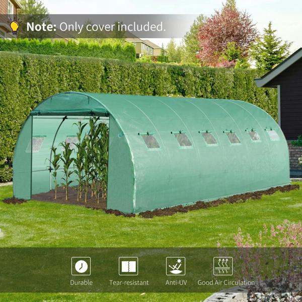 Green tunnel greenhouse cover on frame with roll-up windows and arched structure