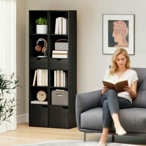 Wyld Haus Nota Wooden Black Tall Narrow 6 Tier Bookcase With Drawer And Door