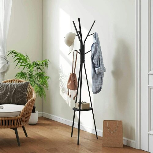 Bobobiy Freestanding Metal Coat Rack Stand 9 Hooks Clothes Tree with 1 Shelf Hat Display Hall Tree Hanger Bag Umbrella Hanging Organiser Black