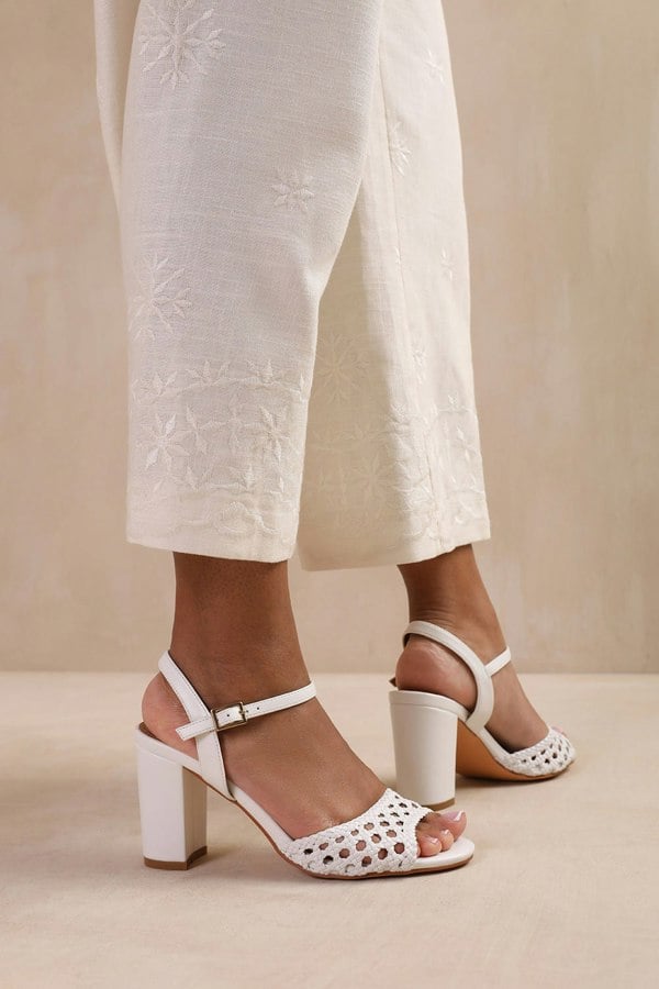 Where's That From Cuba Plaited Design Mid Block Heels in White Faux Leather