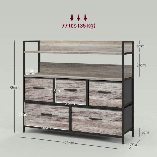 Wyld Haus Rimo Fabric And Wood Grey Wood Effect 5 Drawer Rustic Storage Chest