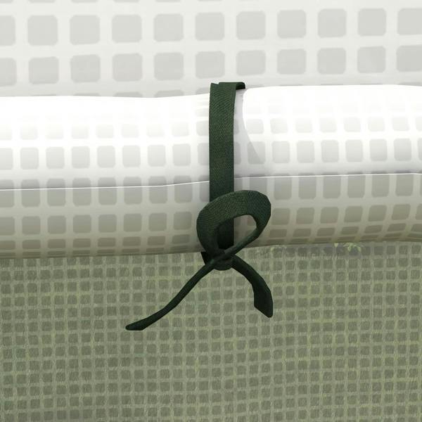 White PE greenhouse cover corner with elastic tie strap and secure loop, grid pattern