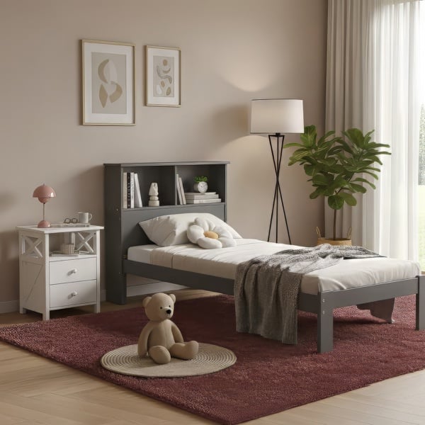Mission TM Easton Wooden Single Bed Frame with Shelf Headboard, White or Grey