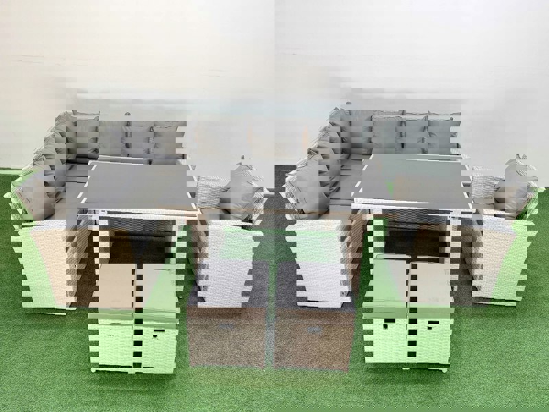 Fimous 9 Seater Rattan Corner Sofa Outdoor Garden Furniture Set with Rectangular Dining Table Lounge Sofa 2 Small Footstools Armchair Light Grey