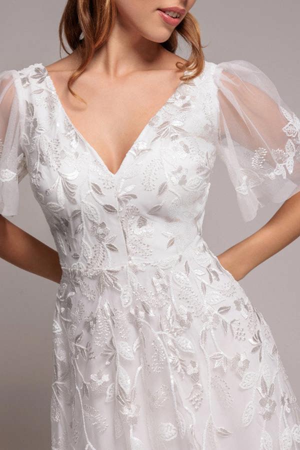 Flared Sleeve Embroidered Maxi Dress - White DR3279A