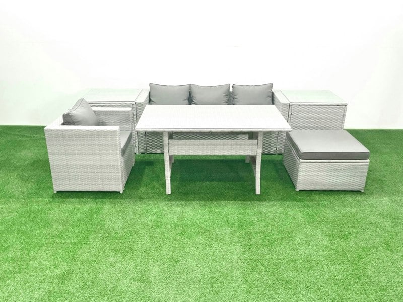 Fimous Rattan Garden Furniture Dining Set 5 Seater Lounge Sofa Chair Dining Table Set with Big Footstool Light Grey Mixed