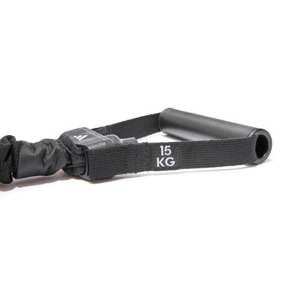 Black adidas resistance tube with a 15 kg label on a white background