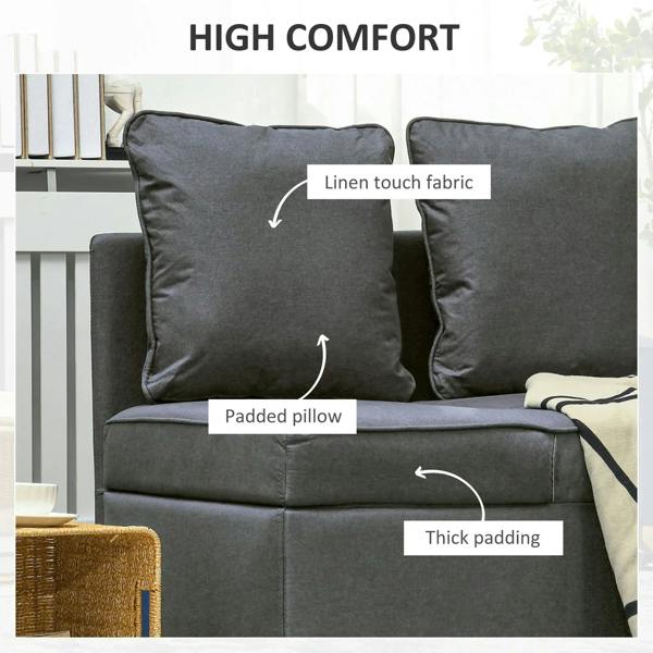Grey sofa bed with linen-touch fabric, padded pillows, and thick cushioning