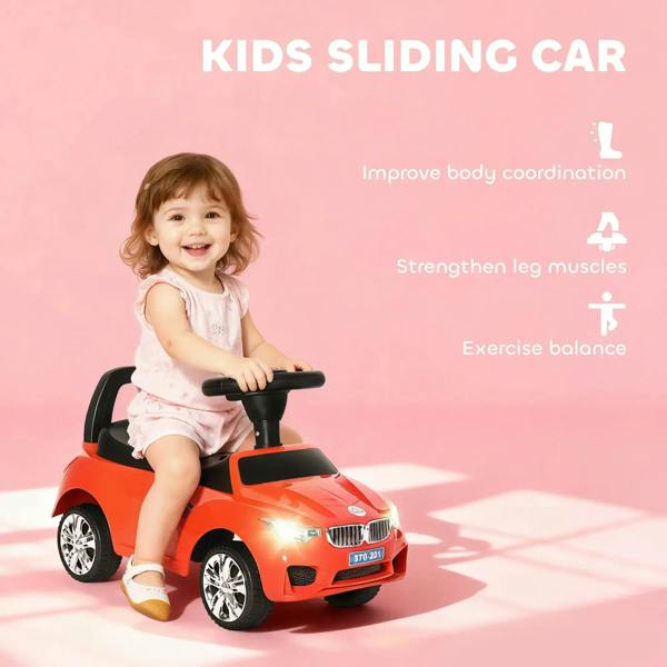 Red kids ride-on car walker toy with black seat and steering handle, child in front view