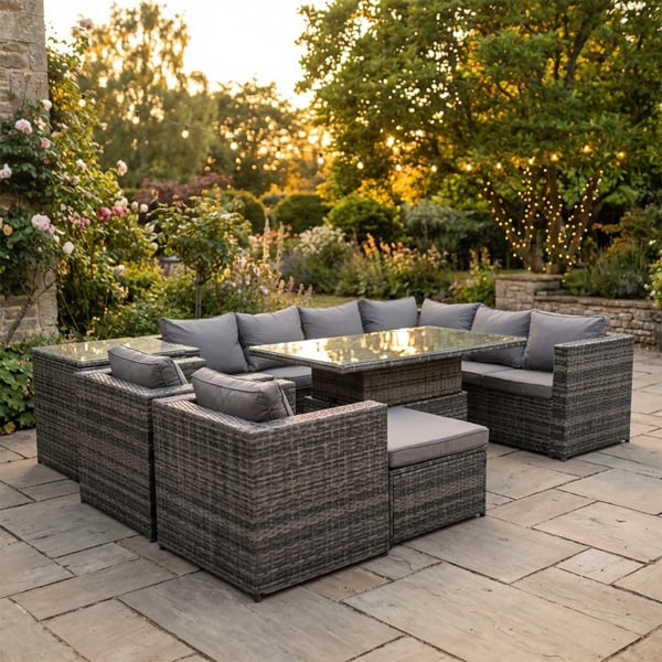 Fimous 9 Seater Rattan Furniture Set with Height Adjustable Rising Table, Corner Sofa, 2 Chairs, Stool & Side Table - Dark Grey Mixed