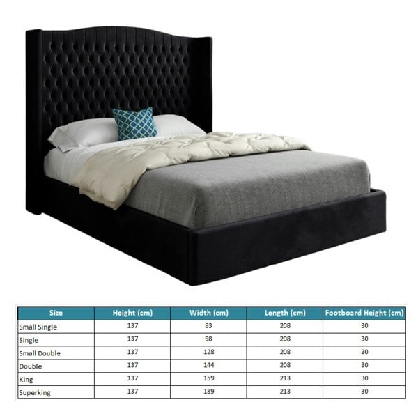Casa Magna Rana Curved Top Winged Upholstered Soft Velvet Bed Frame - Black