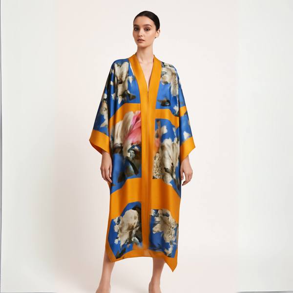 Bird of Paradise White Blue Cherry Blossom Silk Kimono