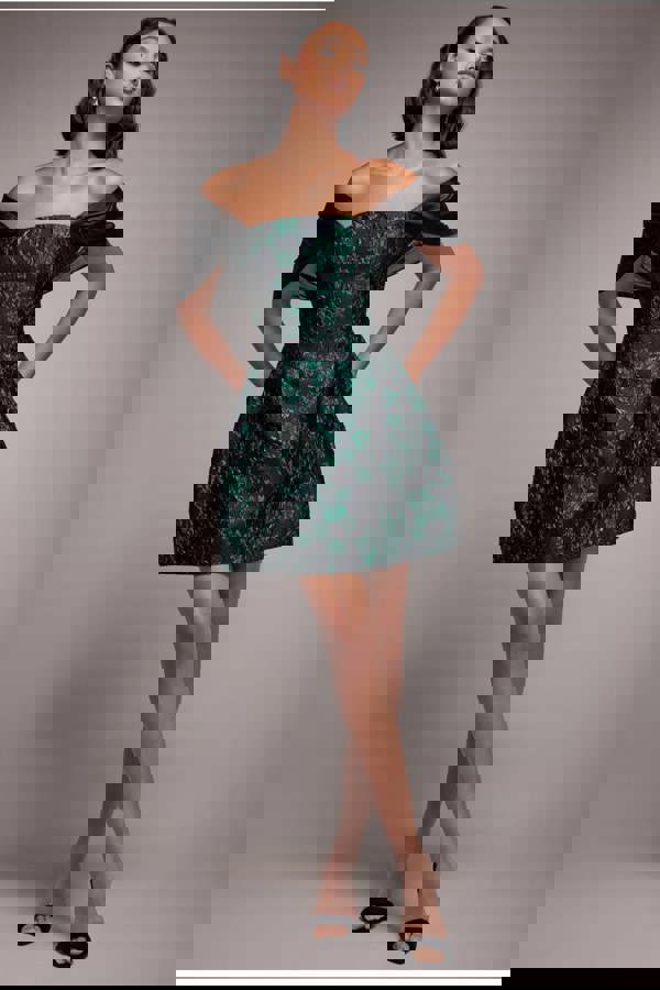 Lace Up Jacquard Mini Dress With Organza Wings - Emerald Black DR4781