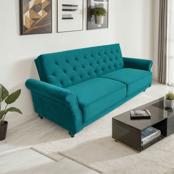 Furniture One Velvet Sofa Bed 3 Seater - 225cm - Click Clack Sofa Bed Couch Settee with Solid Wood Legs