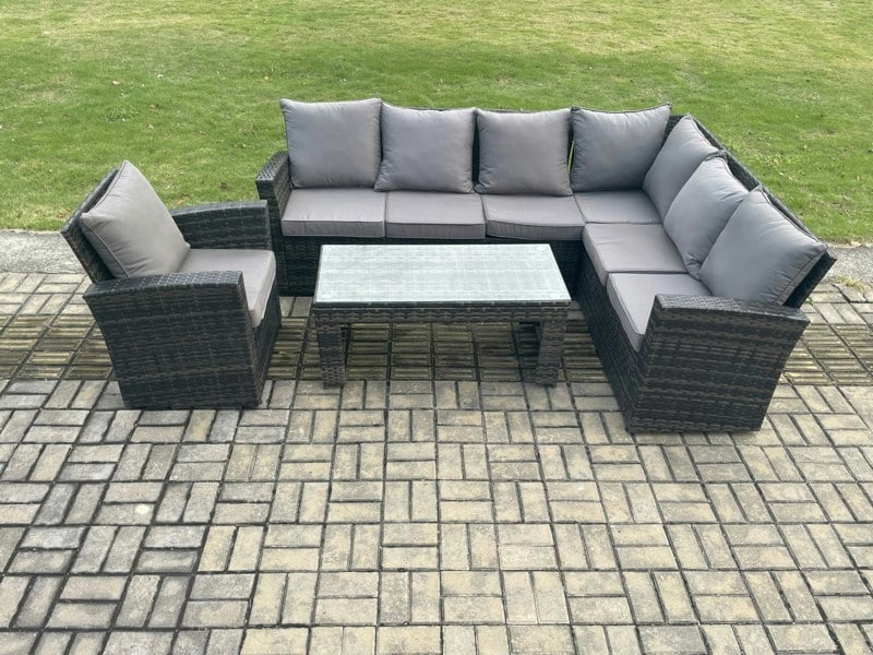 Fimous 7 Seat Rattan Garden Furniture Corner Sofa Set Outdoor Patio Sofa Chair Table Set with Cushions Dark Grey Mixed