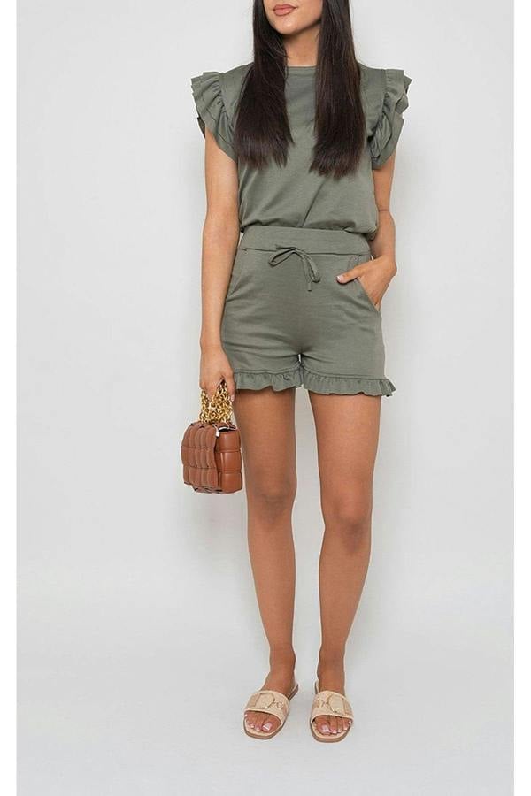 Avie Plain Frill Peplum Sleeve Top Shorts Co-ord Set - Khaki