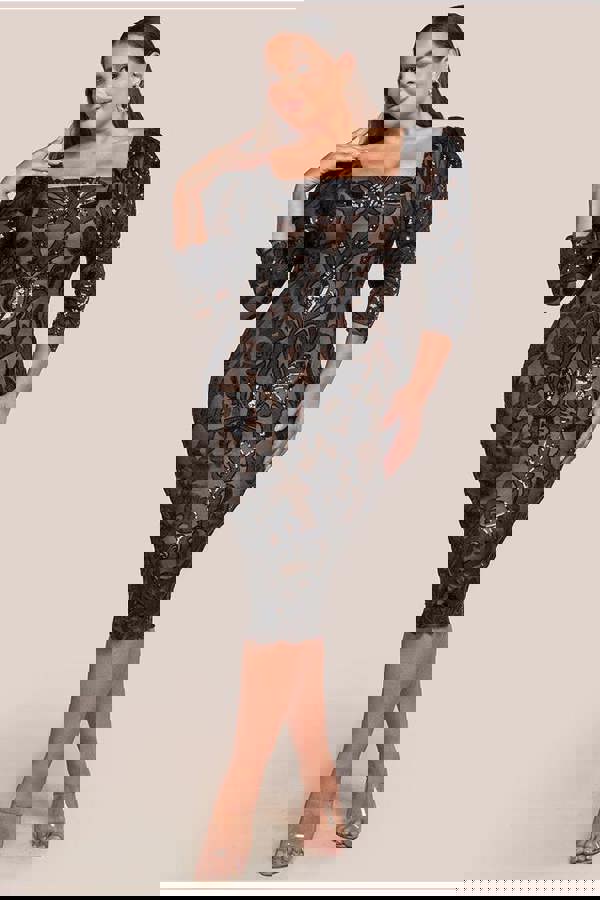 Square Neck Scalloped Embroidered Sequin Midi Dress - Black DR4124PLUS