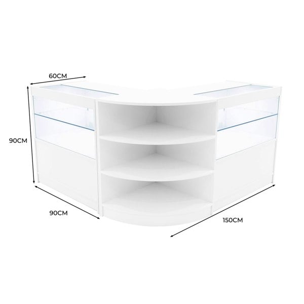 Curved white LED shop counter set with glass display shelves, measuring 150cm wide, 90cm high, and 60cm deep, ideal for retail spaces