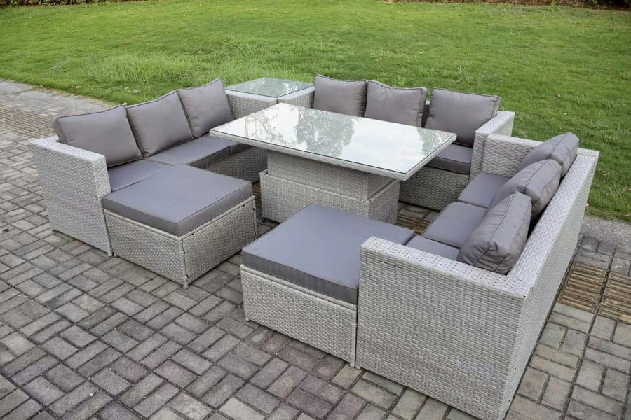 Fimous Rattan Outdoor Garden Funiture Set with Height Adjustable Table, 3 Sofas, 1 Side Table, 2 Footstools - 11 Seater - Light Grey