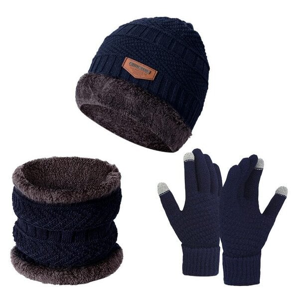 Obasyhig Fleece-Lined Knitted Winter 3-Piece Set - Navy Blue - Style 2