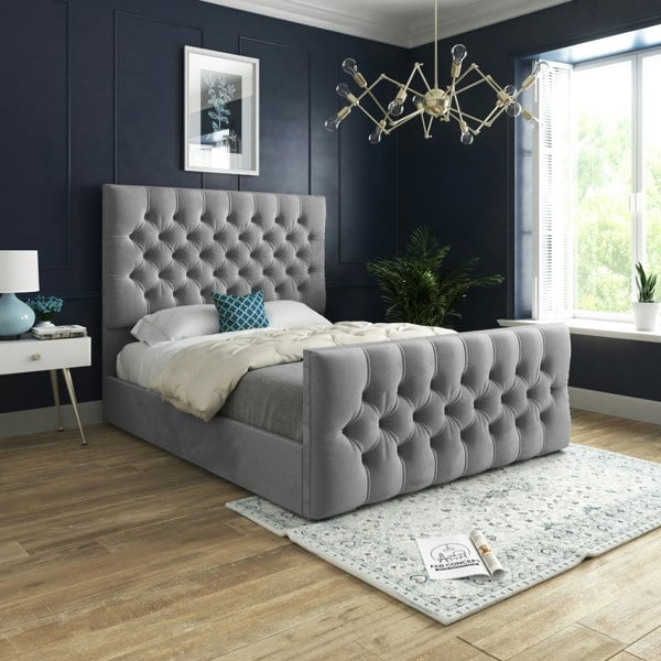 Casa Magna Novara Upholstered Soft Velvet Bed Frame - Grey