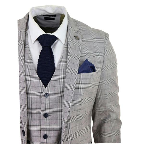 Paul Andrew Mens Grey 3 Piece Tan Brown Check Tailored Fit Suit