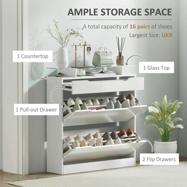 White shoe storage cabinet with pull-out drawer and stacked shoe shelves under tempered glass