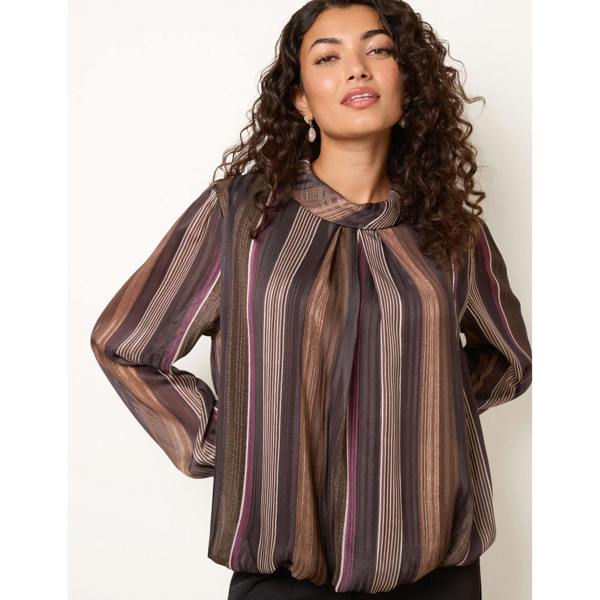 Blue Vanilla Metallic Vertical Multi Stripe Cowl Neck Blouse