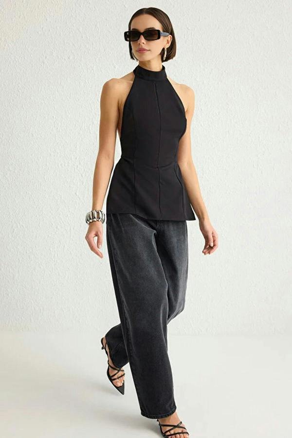 WOVCOR Backless Halter Neck Woven Blouse