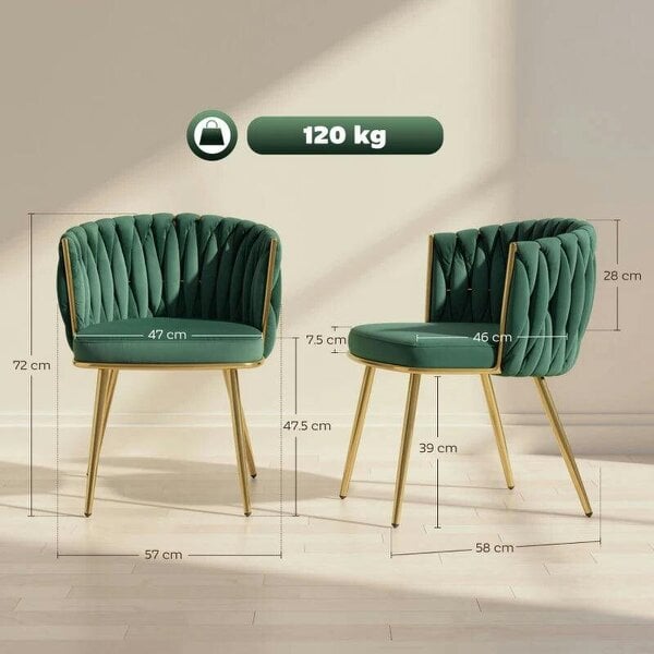 Bobobiy Velvet-Feel Dining Chairs Set of 2, Modern Upholstered Armchair with Knot Design and Golden Metal Legs, Accent Chair, Dark Green