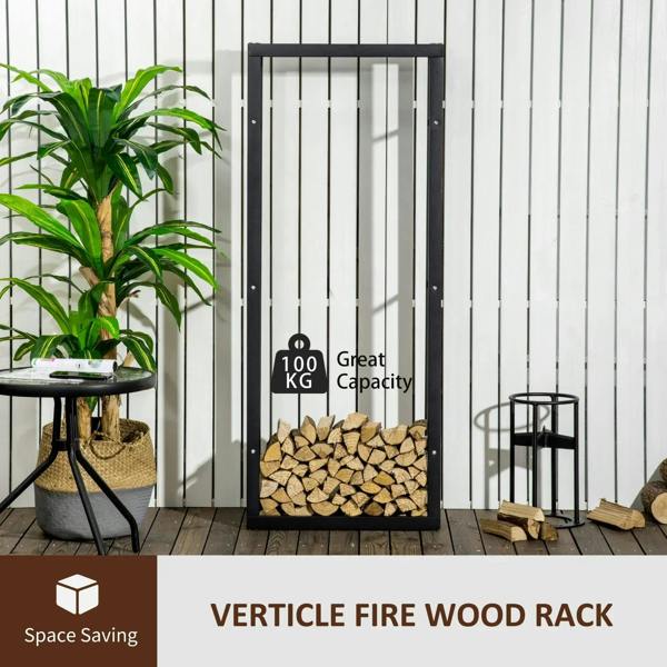 Black upright firewood storage rack with stacked logs and side metal frame.