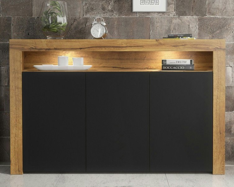 Mex Furniture Contemporary 155cm Sideboard TV Stand Cupboard Cabinet – Black Matt Doors & Free LED