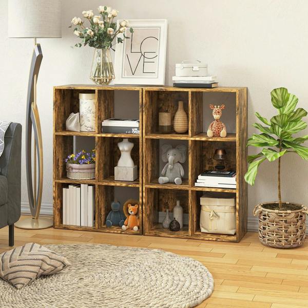 Brown rustic 6-cubby bookcase with open shelves, styled with vases and decor