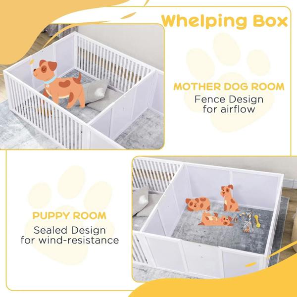 Dog whelping box diagram showing mother and puppy room sections