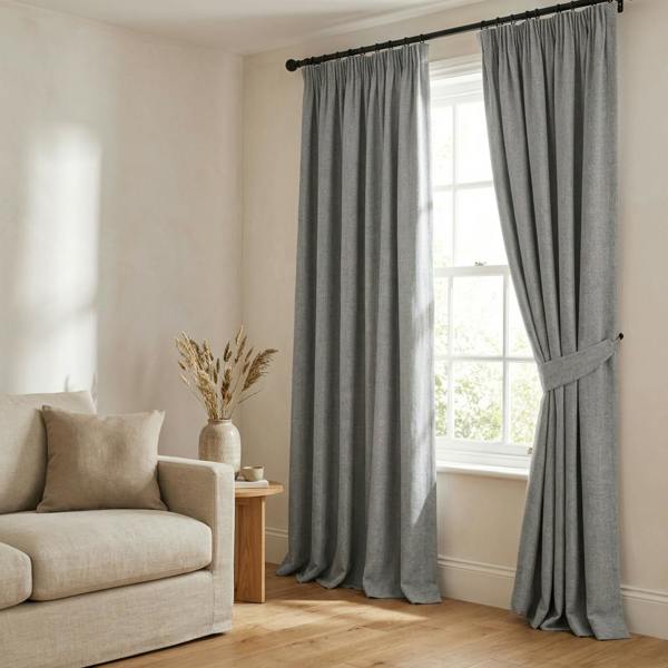 Hopsack made-to-measure curtains in Dove, styled in a living room