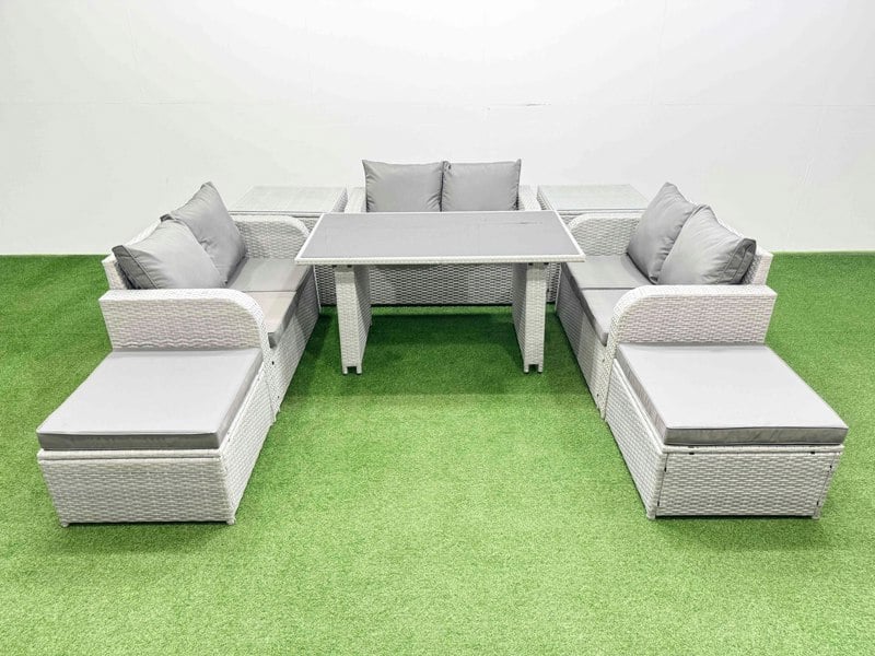 Fimous 8 Seater Patio Garden Furniture Sets with Black Glass Top Dining Table Love Sofa 2 Side Tables 2 Big Stool Light Grey