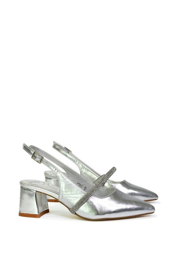 XY LONDON Slingback Strappy Pointed Toe Diamante Mid Block Heels