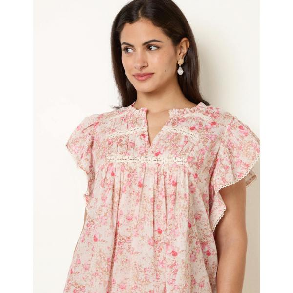 Blue Vanilla Ditsy Floral Cotton Ruffle Sleeve Top