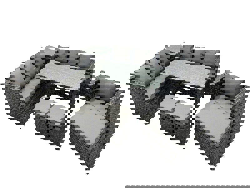 Fimous 10 Seater Outdoor Corner Sofa Chair Dining Table Set Garden Rattan Furniture Set with Side Table 3 Stools Dark Grey