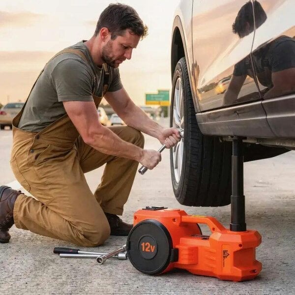 Electric Car Jack Kit, 5Ton 12V Electric Hydraulic Car Jack Lift with 15.5-45 cm Lift, Air Pump, Reflective Case, Orange - Orange