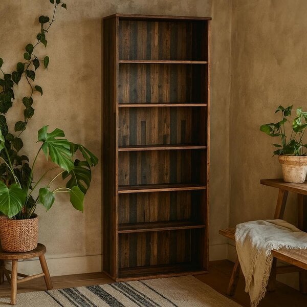 Wyld Haus Bucharest Wide 5 Shelf Vintage Oak Wooden Bookcase