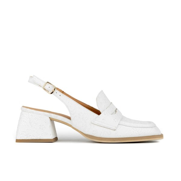 Embassy London Diana - Wedding White Women's 2.4 inch block heel sling backs in white floral emboss leather