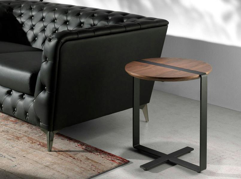 Angel Cerdá Round Corner Table Walnut and Black Steel 2054