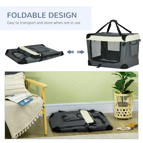 Inside view of grey foldable pet carrier with faux lamb fleece mat and soft padding