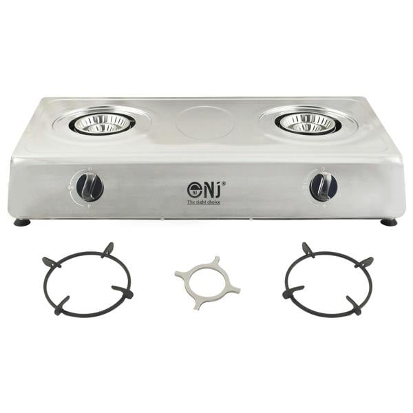 Stainless steel double burner cooktop with three burner pan supports