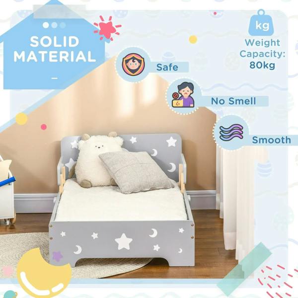 Grey toddler bed with star and moon headboard, solid build and smooth finish