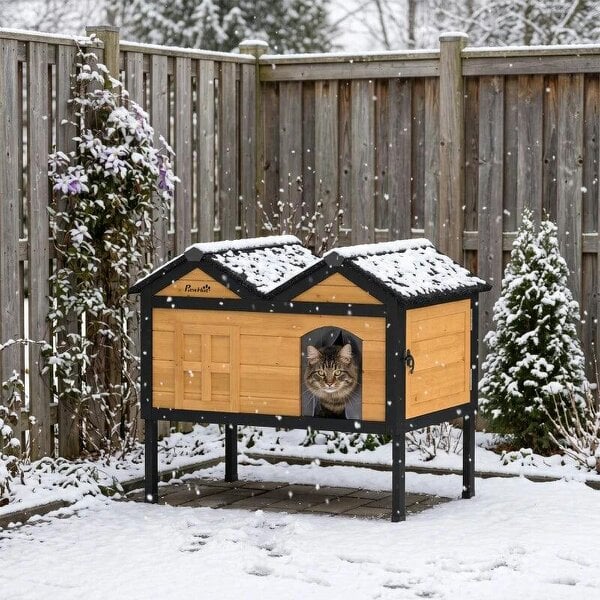 Wooden Cat House Outdoor Indoor with Weatherproof Asphalt Roof, Side Cleaning Door, PVC Curtain